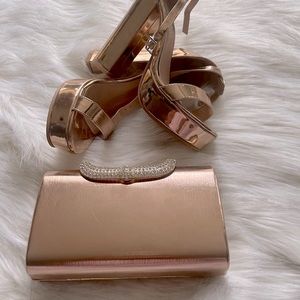 Rose Gold Metallic Hard Clutch with Rhinestone Embellished Handle